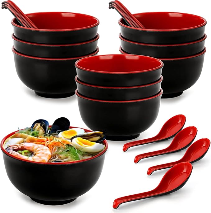 10 Pack Miso Soup Bowl with Spoon, 16 Oz Japanese Melamine Noodle Bowls Unbreakable Miso Soup Cereal Bowls or Ramen, Udon, Soba, Pho and Soup, (Black/Red)