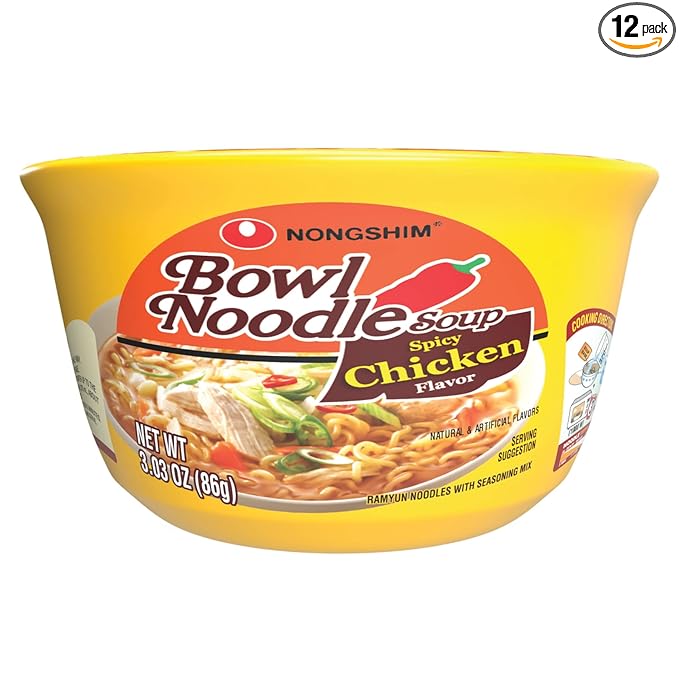 Nongshim Spicy Chicken Noodle Soup Instant Ramen, 12 Pack, Korean Microwaveable Bowl Soup Mix, Ramyun with Veggies, Sabor a Pollo