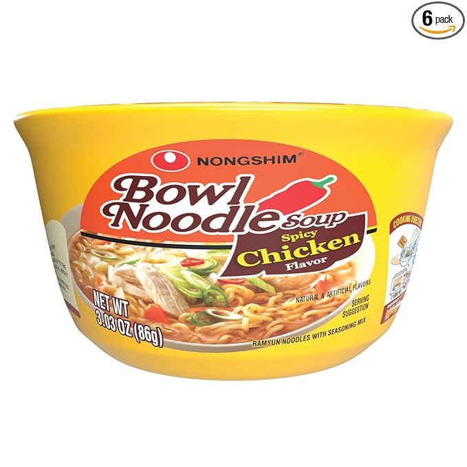 Nongshim Spicy Chicken Noodle Soup Bowl Soup Mix, 6 Pack, Korean-Style Ramen Noodle Instant Soup, Microwaveable