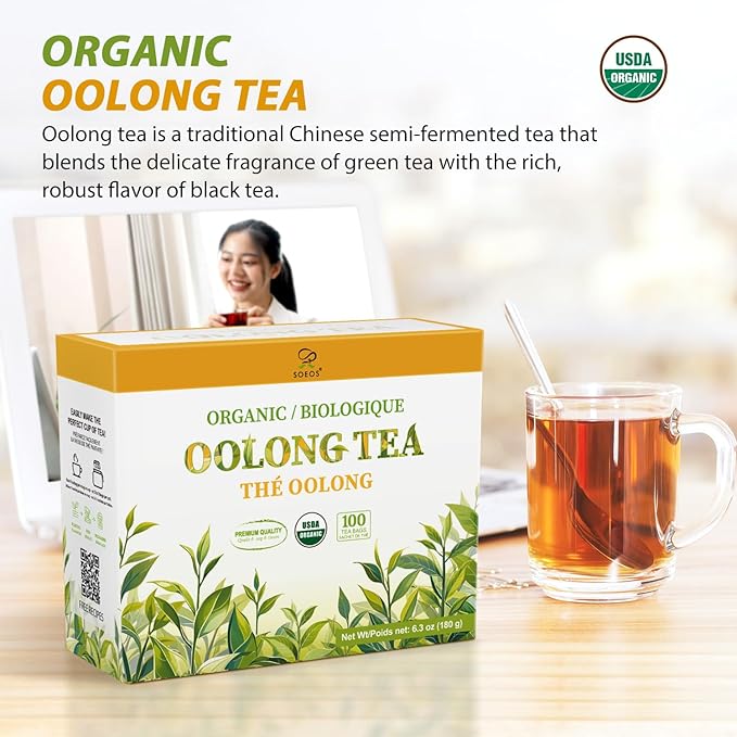Soeos Organic Oolong Tea, 100 Tea Bags, Low Caffeine, Hot and Cold Brew, Fresh and Healthy Oolong Tea, 6.3 Ounce