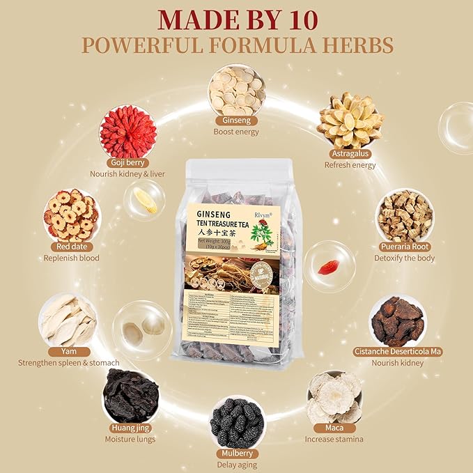 30Pcs Ginseng Ten Treasures Tea, Chinese Traditional Kidney Care Herbal Tea, Natural Kidney Cleanse Detox Tea for Women & Men, 10 Precious Ingredients Formula(30Bags, 300g)