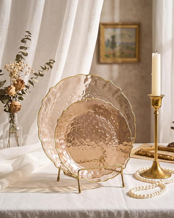bUCLA 40PCS Brown Plastic Plates - Hammered Brown Plates with Gold Lace-Edge - Include 20 Each (10inch Dinner & 7inch Dessert) for Party & Daily Use