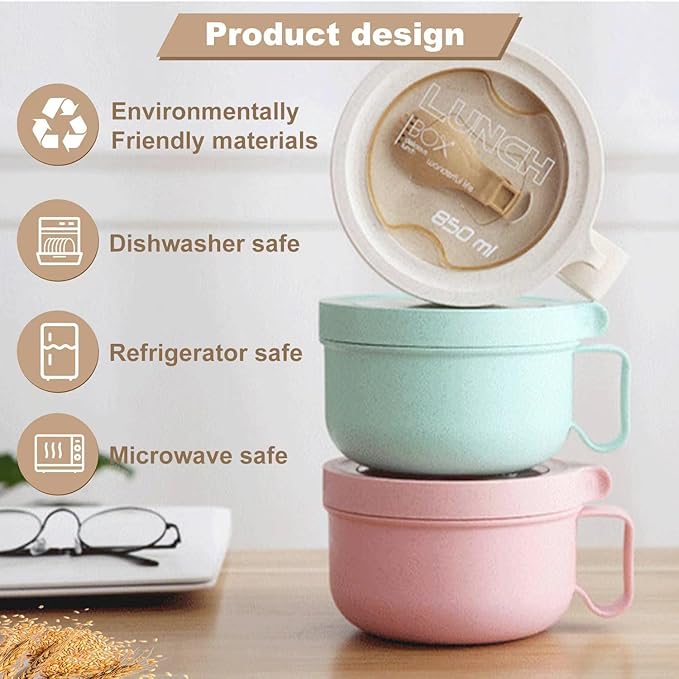 Rarapop 28.7oz Microwave Soup Bowl Containers with Lids, Wheat Straw Ramen Noodles Cup Mug for Instant Noodles,Oatmeal, Gumbo, Salad,Crunch,Cereal & More - Easy-Grip Design, Green