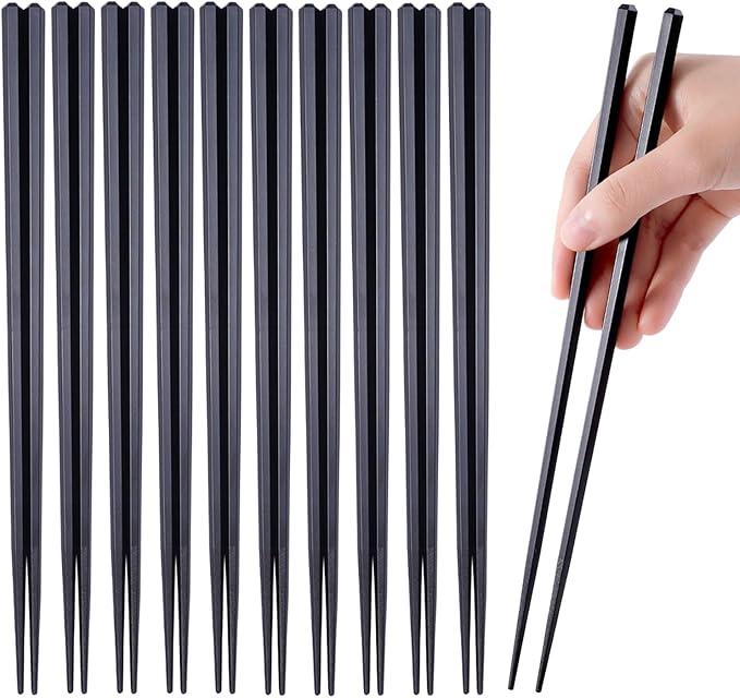 10 Pairs Fiberglass Chopsticks Non-Slip Tips, Dishwasher Safe & Reusable Japanese Korean Chopsticks for Sushi Ramen, 9.63 inch/24.5cm Chop Sticks for Family Restaurant - Black