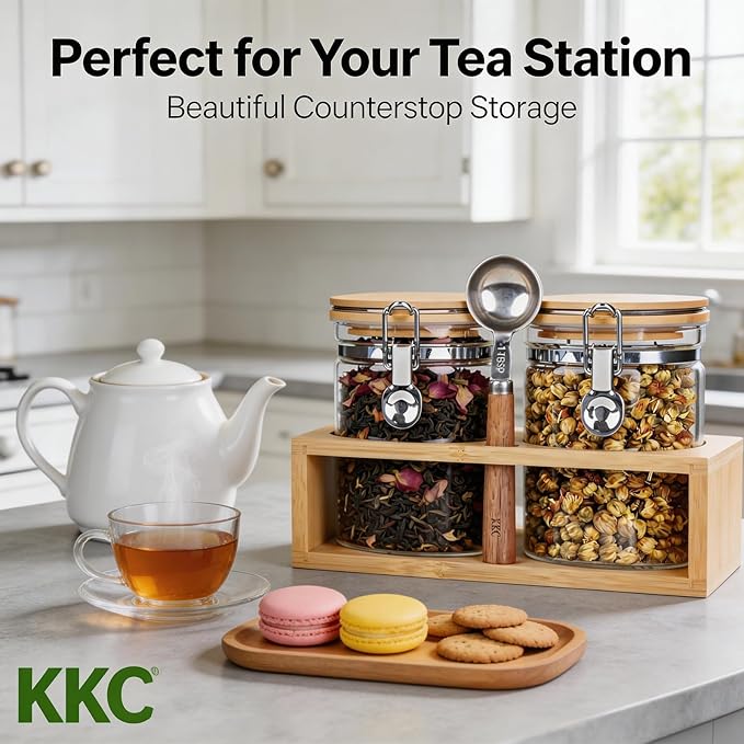 KKC Glass Tea Canister with Bamboo Lids & Spoon | 27oz Airtight Loose Tea Storage Jars for Tea Bag & Loose Leaf Tea | Clear Food Storage Containers for Kitchen Pantry Organization, Tea Bar Accessories