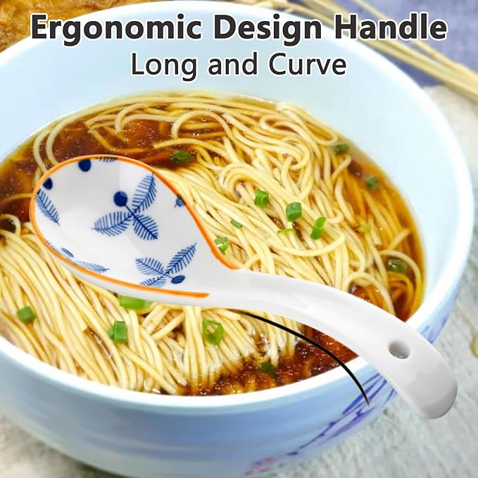 Soup Spoon Set of 4 Ceramic Chinese Soup Spoons Ramen Spoons for Pho Noodle Cereal Dumpling