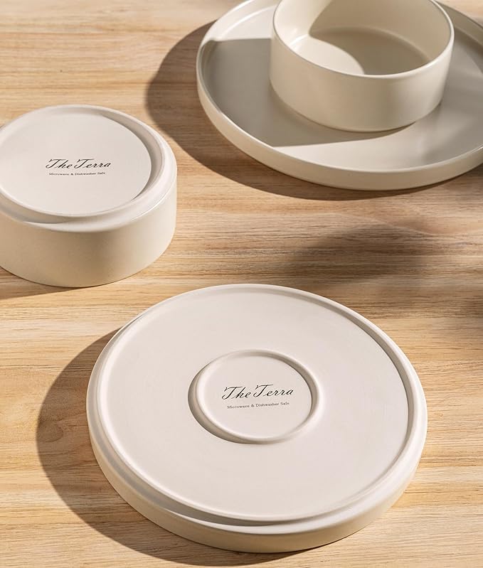 TheTerra Ceramic Dinnerware Sets for 4, 12 Pieces Handmade Reactive Glaze Plates and Bowls Set, Scratch Resistant Dish Set, Oven & Microwave & Dishwasher Safe, Matte White