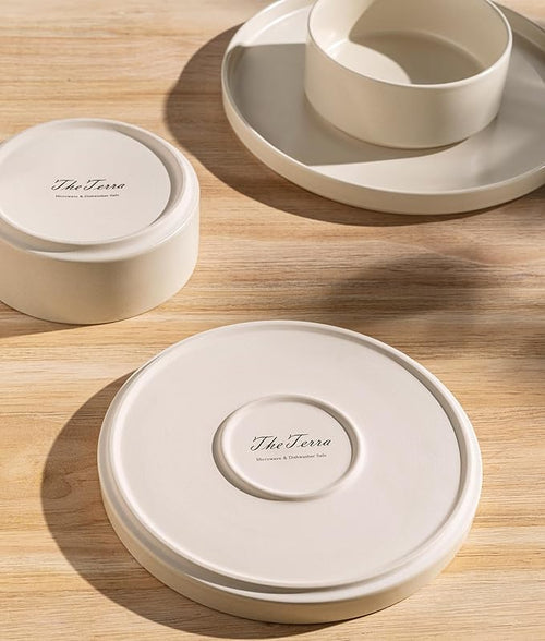 TheTerra Ceramic Dinnerware Sets for 4, 12 Pieces Handmade Reactive Glaze Plates and Bowls Set, Scratch Resistant Dish Set, Oven & Microwave & Dishwasher Safe, Matte White