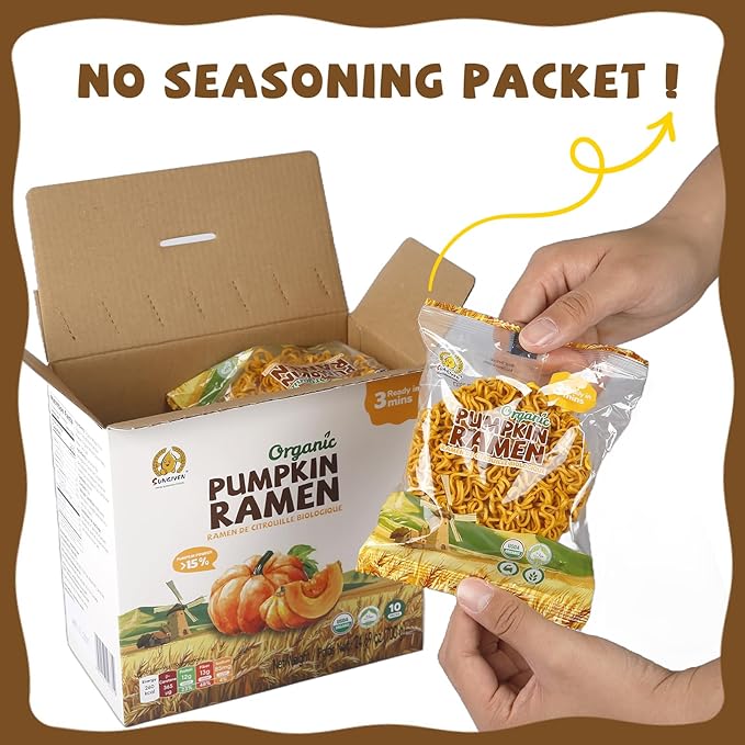 SUNGIVEN Organic Ramen Noodles Pumpkin Healthy Low Sodium Ready in 3 Minutes Non-Fried Instant No Additives or Preservatives 2.47 OZ (Pack of 10)