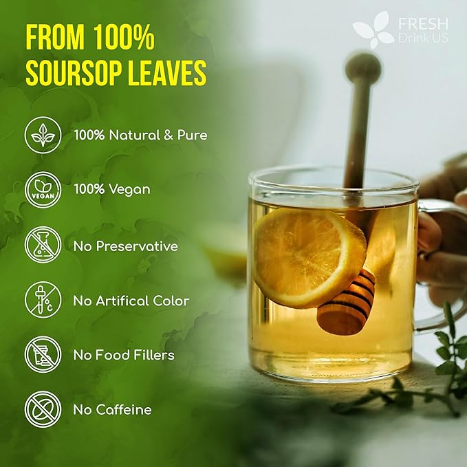 FreshDrinkUS, Premium Soursop Graviola Leaf Tea | 45 Tea Bags form Powder, 100% Natural and Pure, Handmade, Made With Natural Materials-Corn Fiber Tea Bag, Sugar/Caffeine Free, Hoja Guanabana Tea