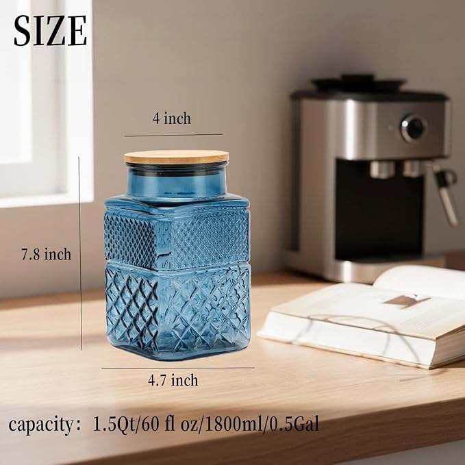Large Glass Storage Jar Set of 2, 60 FL OZ Glass Food Storage Containers with Bamboo Lid Kitchen Canisters Decorative Jar for Cereal Egg Flour Candy Snack Cookies Coffee Tea Nuts Airtight Jars
