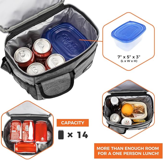 opux Insulated Lunch Box for Men Women Kids, Leakproof Reusable Lunch Bag Cooler for Work School Office, Soft Thermal Lunchbox Tote with Shoulder Strap for Boys Girls Adults, Heather Gray, 14 Can/8L