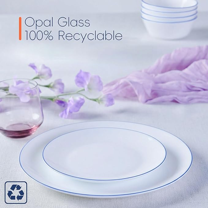 LaGlint 7.5 inch Appetizer Plate Set of 6, Lightweight Opal Glass Round Salad Plates for Dessert Kitchen, Dishwasher and Microwave Safe, Hand Painted Navy Blue Rim