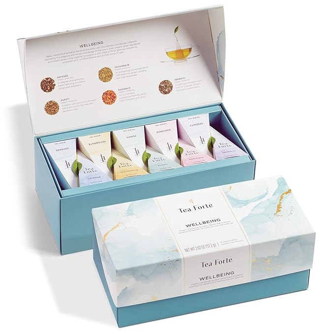 Tea Forte Premium Presentation Box Gift Set Sampler, 20 Count, Assorted Blends Individually Wrapped Handcrafted Pyramid Infuser Bags, Gifts for Mom, Wellbeing Tea