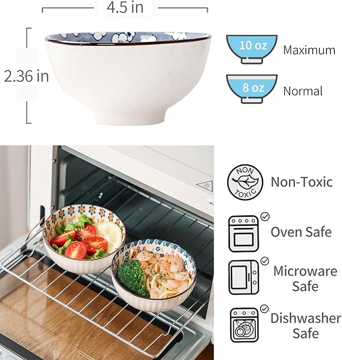 Rice Bowls 10oz, Japanese Style Bowls Set of 6 with Gift Box - Blue and White Ceramic Bowls for Soup, Dessert, Ice Cream, Snack - Kitchen Gifts for Women (Blue and White)