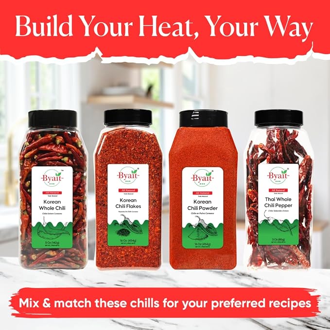 Byait Gochugaru Korean Chili Powder 16 Oz (1 LB), Medium Hot, 100% Pure Red Chili Pepper Flakes for Authentic Korean Cooking, Kimchi, and Spicy Seasoning