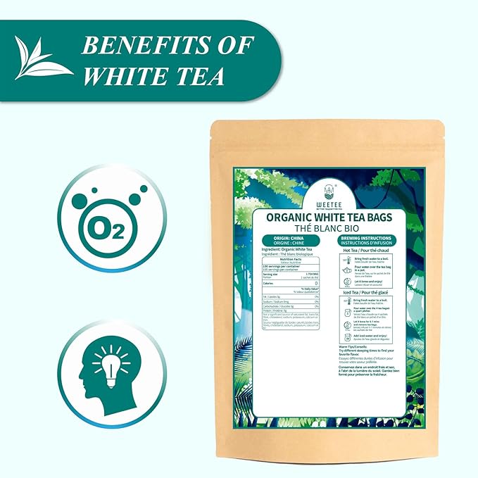WT WEETEE Organic White Tea Bags, Organic Pure White Tea 100 Count, Mellow & Smooth, Perfect for Hot or Iced Tea