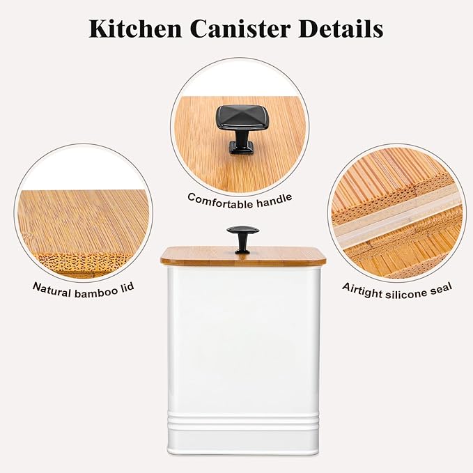 Kitchen Canisters Set of 3, Metal Flour Sugar Storage Containers with Airtight Lids-Canisters Sets for Kitchen with Customizable Chalkboard Labels & Marker Pen-Spice, Coffee Storage Jars(White)