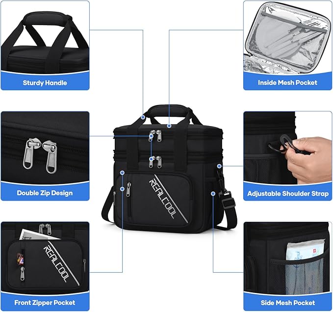 RealCool Lunch Bag, Insulated Lunch Box for Men Women, Double Deck Leakproof Soft Cooler Bag with Adjustable Strap, Reusable Lunchbox for Work, Travel, Camping (Black)