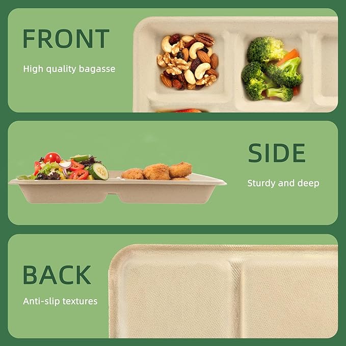 WELLIFE 100% Compostable 5 Compartment Paper Plates, 100 Pack Disposable School Lunch Trays Divided Plates for Adult Youth, 12.5 * 8.6 inch Heavy Duty Eco-Friendly Bagasse Plate for Buffet and Party