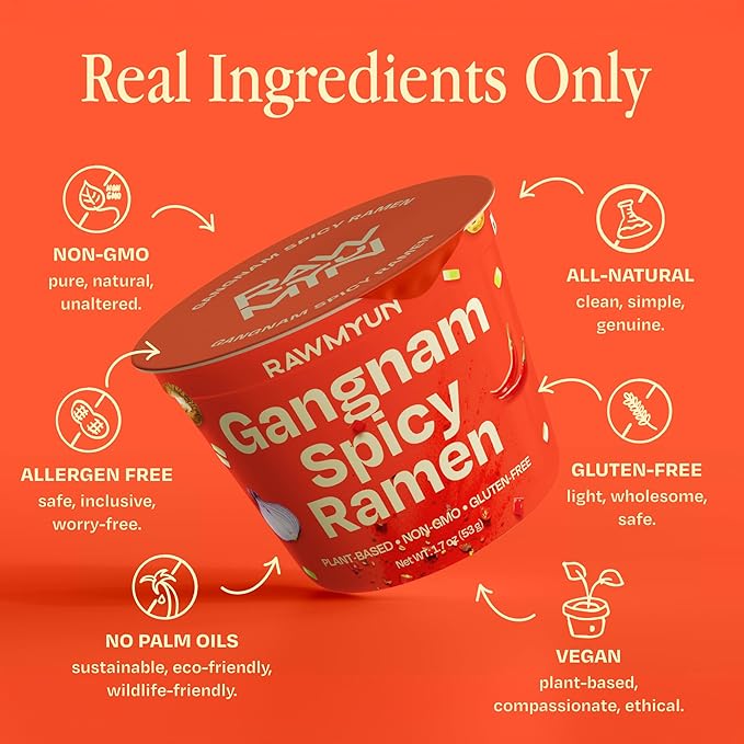 RAWMYUN Gluten Free Healthy Korean Ramen Vegan Superfood Clean Ingredients Plant-Based Cup Noodles made with Organic Rice Noodles Instant Soup | No MSG, Non-GMO, Real Ingredients (6 Gangnam Spicy)