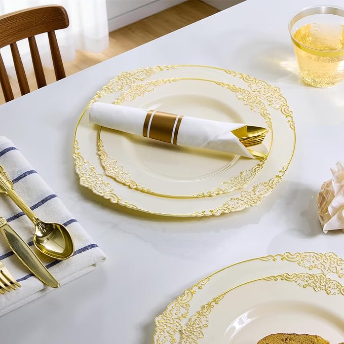 Bestluck 350PCS Ivory Plastic Plates for 50 Guests, Disposable Dinnerware Sets Include 100 Gold Rim Plastic Plates, 50 Silverwares, 50 Cups, and 50 Pre Rolled Napkins for Party, Wedding, Graduation