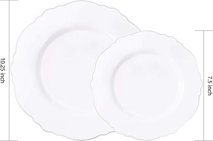WDF 60pcs Silver Plastic Plates-Baroque White &Silver Plates for Upscale Parties &Wedding-including 30Plastic Dinner Plate 10.25inch, 30 Salad Plate 7.5inch for Baby/Shower/Wedding/Independence Day