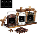 Suclain 3 Pcs Glass Coffee Container with Wooden Lid Spoon Shelf Labels Clear Airtight Jar Food Storage Canister Set for Sugar Spice Coffee Bean Holder Housewarming Gift(20 oz,Acacia Brown)