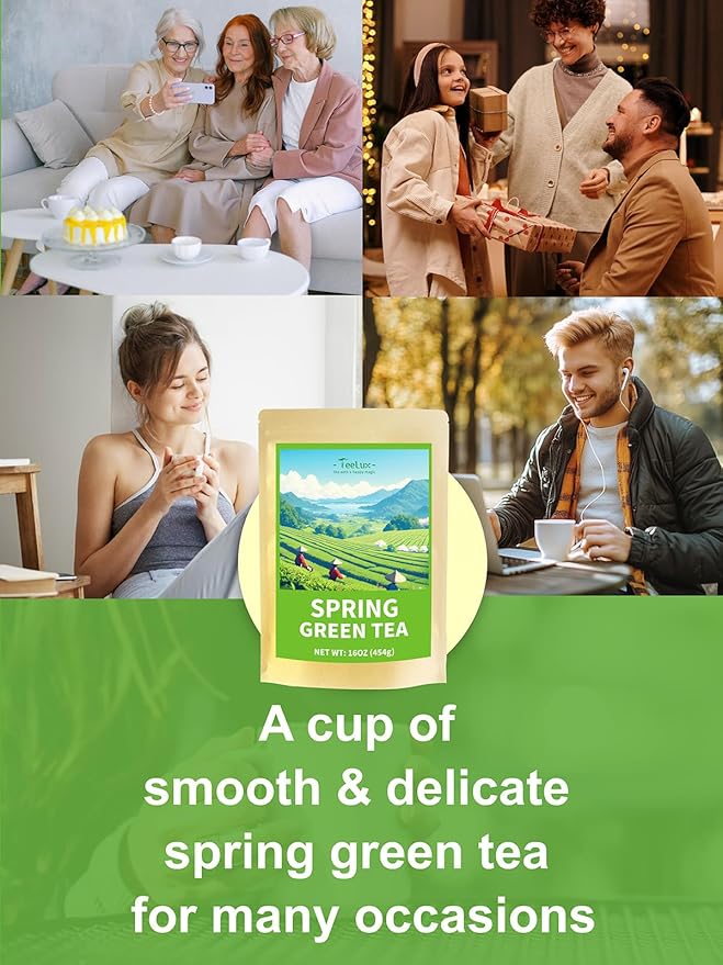 TeeLux Green Tea Loose leaf, Premium Early Spring Green Tea, Fresh & Mellow Taste, Handpicked Young Leaves & Buds, 16oz