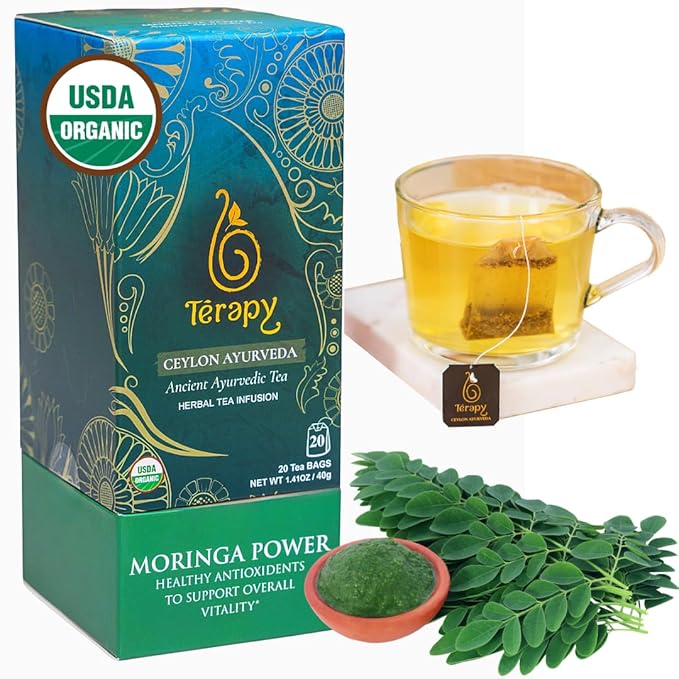 TERAPY Moringa Tea Bags Organic Herbal Drink, Ayurvedic Ceylon Blend with Green Tea, Cinnamon, Lemongrass & Licorice, Supports Metabolism, Enhances Stamina, Antioxidants, Vegan, Gluten-Free – 20 Bags