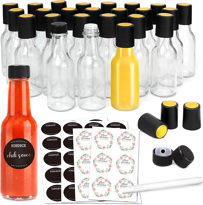 GMISUN Mini Hot Sauce Bottles 3 oz, 24 Pack Ginger Shot Bottles with Shrink Capsules, Glass Mini Wine Bottle with Label, for Kitchen Sauce Oil