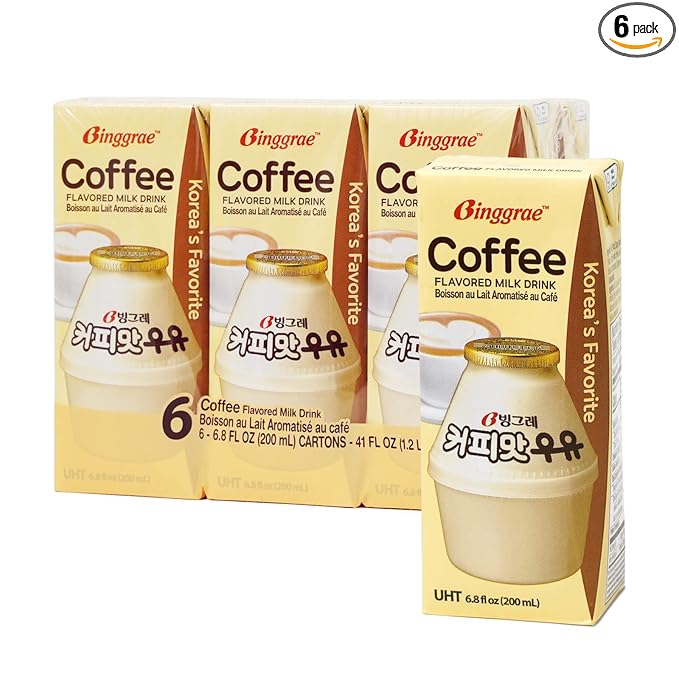 Binggrae Coffee Flavored Milk Drink – Sweet and Creamy Korean Beverage – Shelf-Stable 6.8 fl oz Cartons – Pack of 6