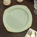 Efavormart 10 Pack | 10" Sage Green and Gold Baroque Dinner Plates, Leaf Embossed Metallic Rim Heavy Duty Serving Plates for Spring Receptions