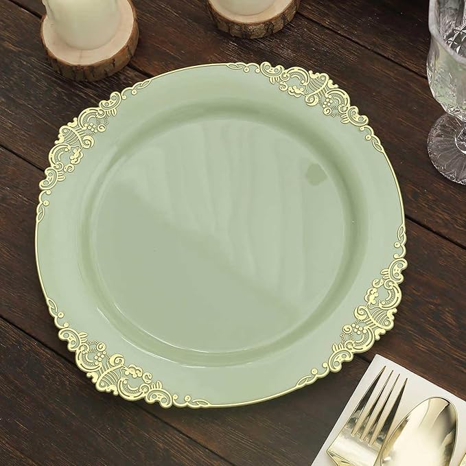 Efavormart 10 Pack | 10" Sage Green and Gold Baroque Dinner Plates, Leaf Embossed Metallic Rim Heavy Duty Serving Plates for Spring Receptions