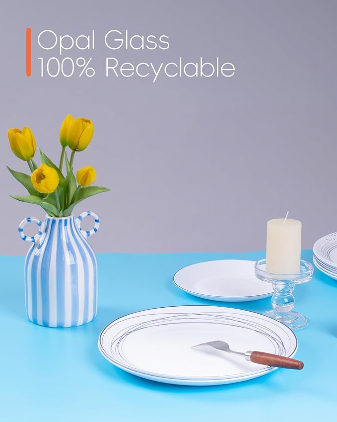 LaGlint 10.5 inch Dinner Plate Set of 6, Lightweight Round Opal Glass Dinnerware Plates, Dishwasher and Microwave Safe, Blue Modern Geometric Design