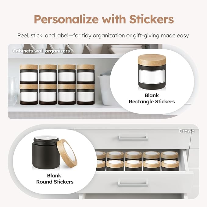Small Glass Jars with Lids, 4 oz Black Glass Jars with Plastic Woodgrain Lids & Inner Liners Leakproof Round Airtight Empty Cosmetic Travel Containers - 2 pack