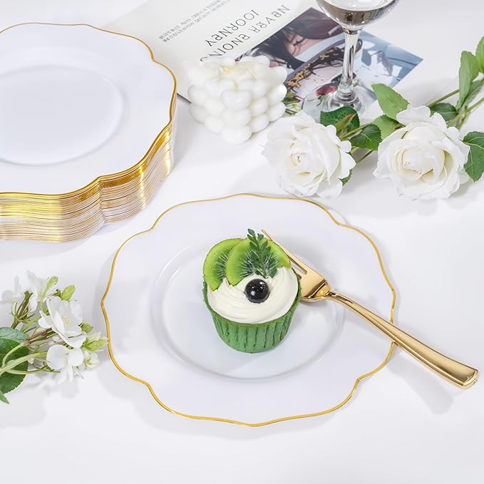 bUCLA 48Pieces Gold Plastic Dessert Plates Disposable - 7.5inch Premium Hard White with Gold Rim Plastic Salad/Appetizer/Small Cake Plate for Thanksgiving&Party