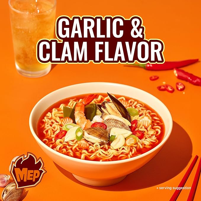 Samyang MEP Garlic Clam Ramen, Spicy Korean Instant Noodle Soup, ENHYPEN Pick, Refreshing Seafood Bone Broth Ramyeon, 3.88 oz (Pack of 4)
