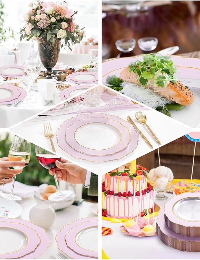 WDF 60Pcs Pink Plates Disposable with Gold Rim - Baroque Clear Pink and Gold Plastic Party Plates Ideal for Wedding/Baby Shower/Spring