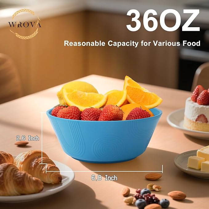 Wrova Wheat Straw Bowls Set 36oz,Cereal Bowls Soup Bowls Set of 6, Unbreakable Salad Bowl Alternative Plastic Bowls Microwave Safe, Soup Serving Bowls for Kitchen, Camping, Outdoor- Vibrant