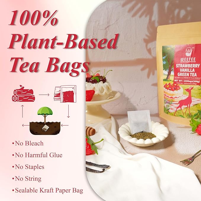 WT WEETEE Strawberry Vanilla Green Tea Bags 100 Count - Smooth & Decadent Dessert-Inspired Blend - Zero Calorie, Rich Antioxidants - Refreshing Iced or Hot