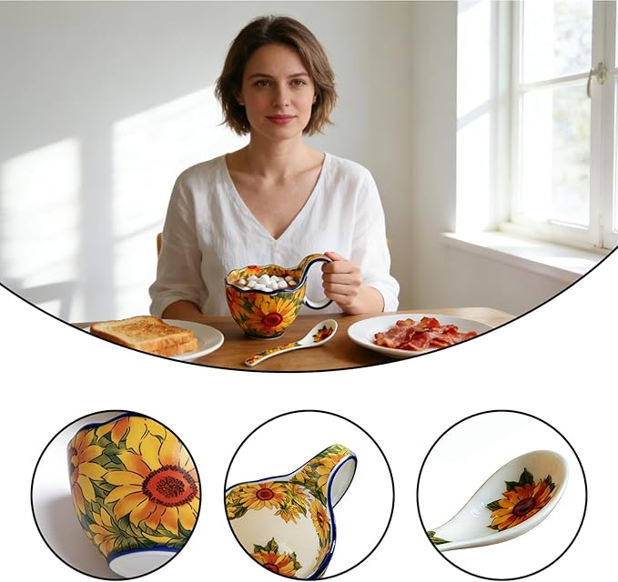 Sunflower Pattern Ceramic Soup Bowls with Handles - Decorative Soup Bowl Set for Breakfast Cereal/Yogurt (Including Spoon)