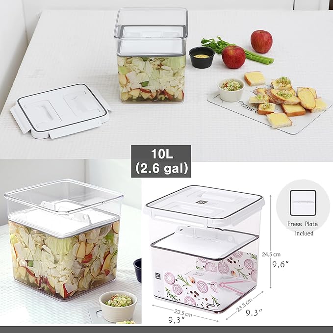 Pickle keeper Press Plate Food Storage Container Organizer for Kimchi Sauerkraut Fermentaion Airtight Lid Locking for Preserved Food (10L / 2.6 gal)