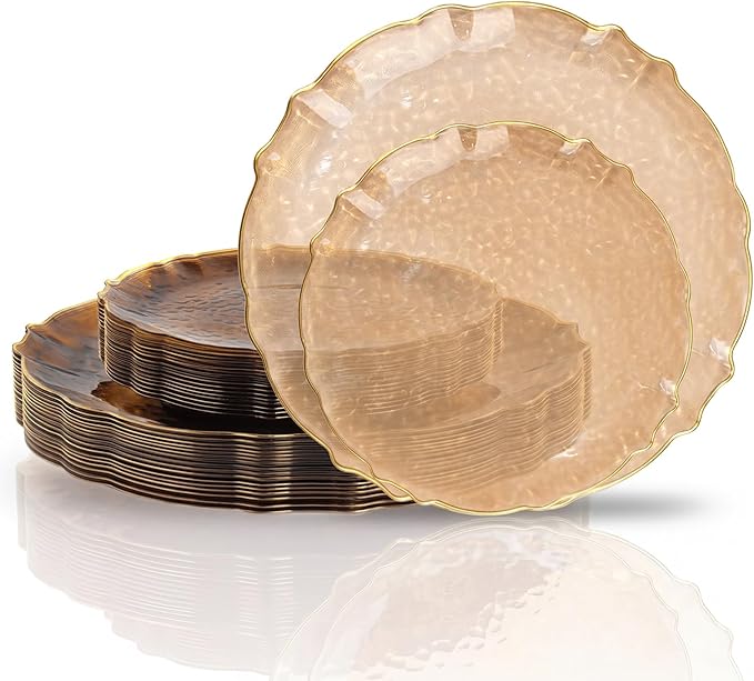 bUCLA 40PCS Brown Plastic Plates - Hammered Brown Plates with Gold Lace-Edge - Include 20 Each (10inch Dinner & 7inch Dessert) for Party & Daily Use