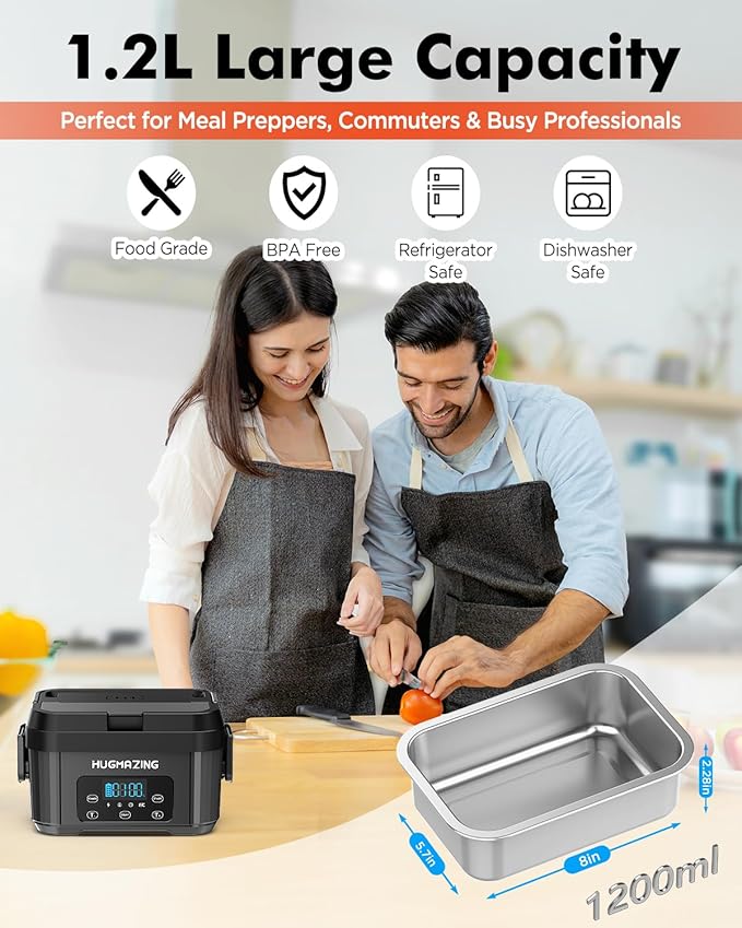 Hugmazing Cordless Electric Lunch Box for Adults, Men & Women – Rechargeable Self-Heating Food Warmer with 1.2L SS Container, Battery-Powered Heated Lunch Box, Perfect for Work and Travel Use (Grey)