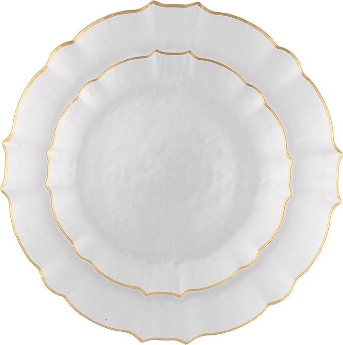 PLASTICPRO 96 Piece Aristocratic Combo Plastic Dinner Plates Disposable Plastic Fancy Heavy Duty Party Dishes 48, 7'' inch and 48, 10'' inch, Pearl White With Gold Rim