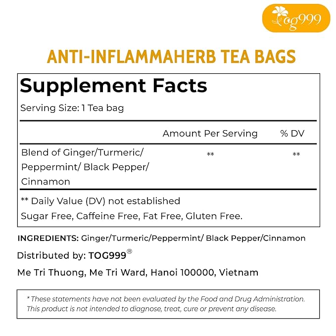 60 Tea Bags - Anti-Inflammaheb Loose Leaf Tea, 100% Natural from Ginger, Turmeric, Peppermint, Black Pepper, Cinnamon. Made with Natural Material Tea Bags. No Sugar, No Caffeine, No Gluten, Vegan.