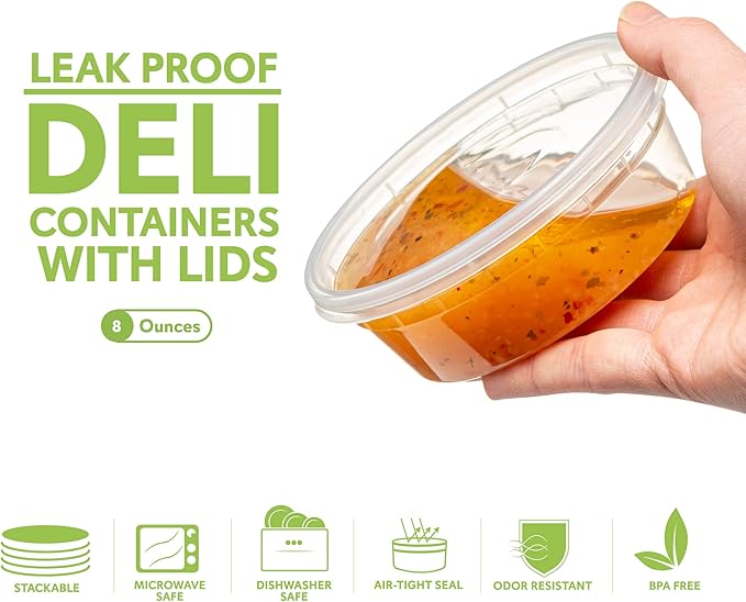 ELEGANT DISPOSABLES 8 OZ - 24 Sets Plastic Deli Food Storage Containers with Airtight Flexible Lids Microwavable, Leak Free, Washable, Freezer Safe.