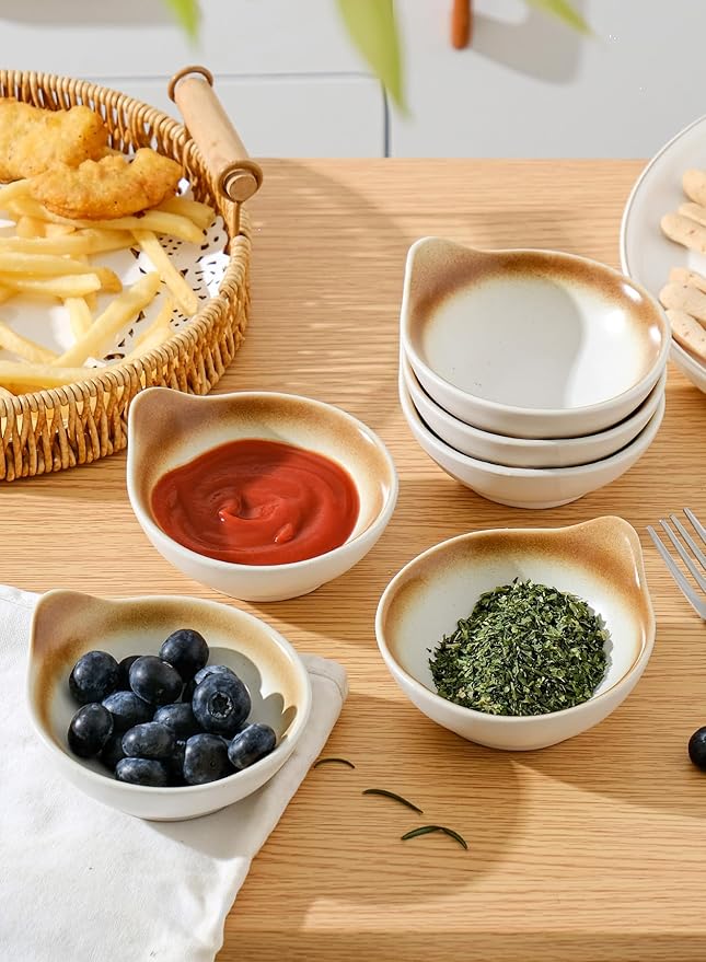 YJR Ceramic Side Dishes, Seasoning Dishes, Dipping Bowls - 4 Inch, for Ketchup Soy Sauce BBQ Party, Set of 6, Mocca