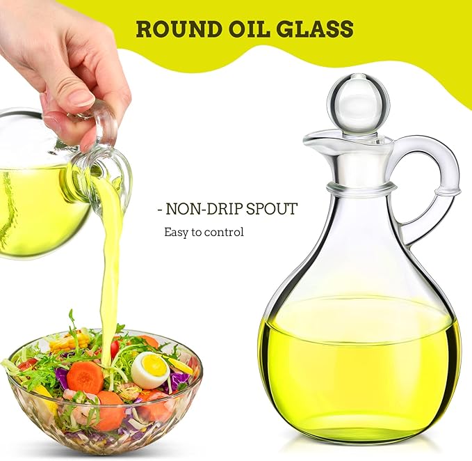 Zopeal 24 Pcs 12 oz Glass Oil Cruets with Stopper Bottle Vinegar Dispenser Small Salad Dressing Container Round Jar Glass Serving Syrup Bottles with Handle for Sauce Water Olive Oil